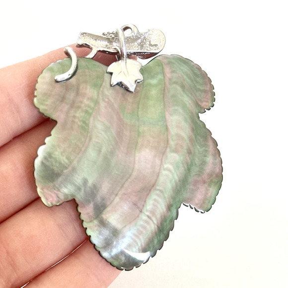 925 Sterling Silver Large Mother Of Pearl Leaf Reversible Pendant Necklace - Picture 8 of 13